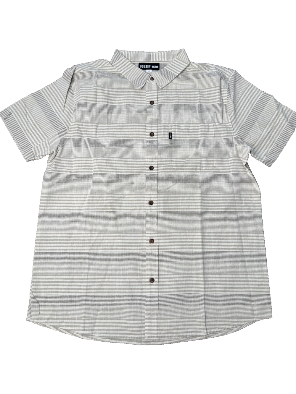 Reef Shirt Mens Large Gray Beige Striped Short Sleeve Button Up Casual Summer